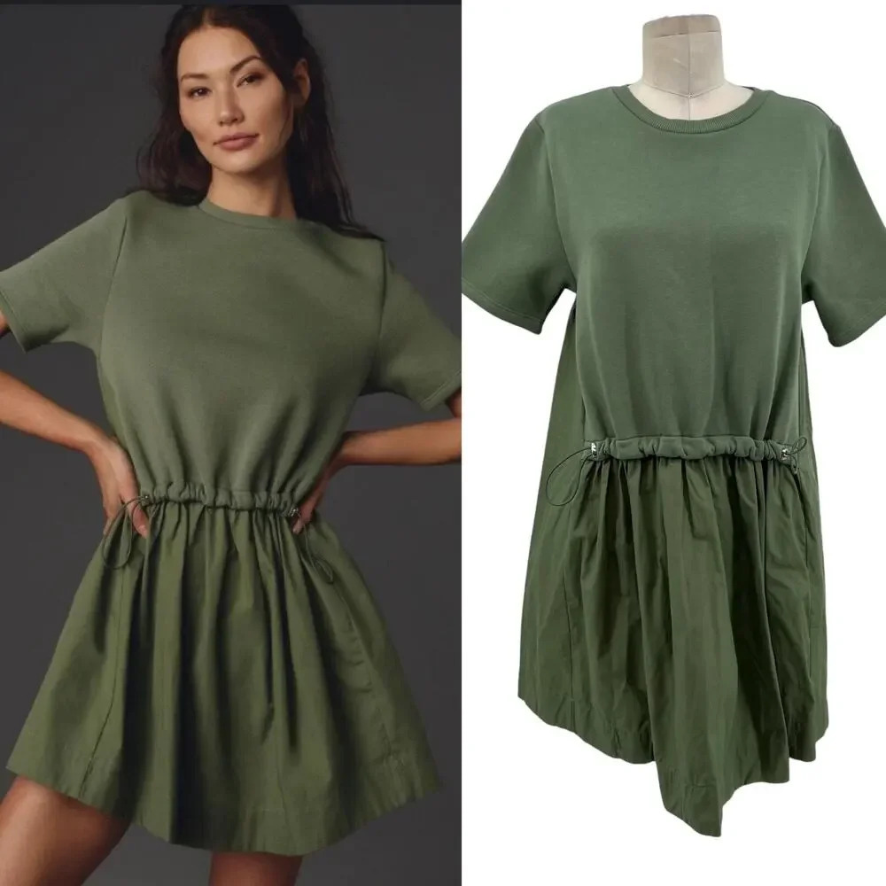 Anthropologie Pilcro Sweatshirt Twofer Mini Dress Short-Sleeve Moss Green Small‎